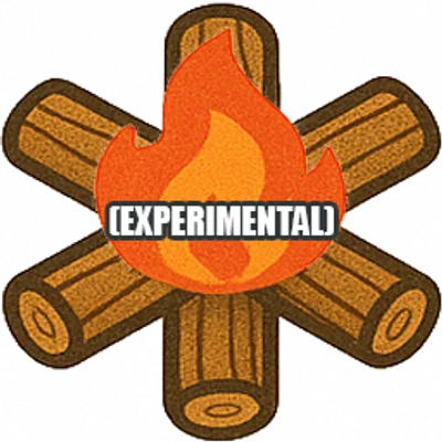 The word "experimental" in front of a lit campfire